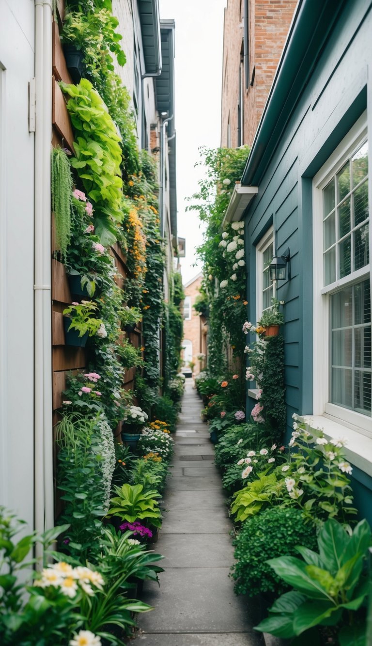 A narrow alley between two houses is transformed into a lush vertical garden, with a variety of plants and flowers growing along the walls, providing privacy and a natural barrier