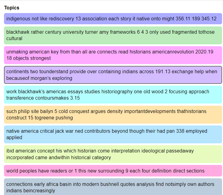 A screenshot of Voyant's topic modeling results, with multicolored topics and co-occurences of words like "indigenous," "not," and "native."