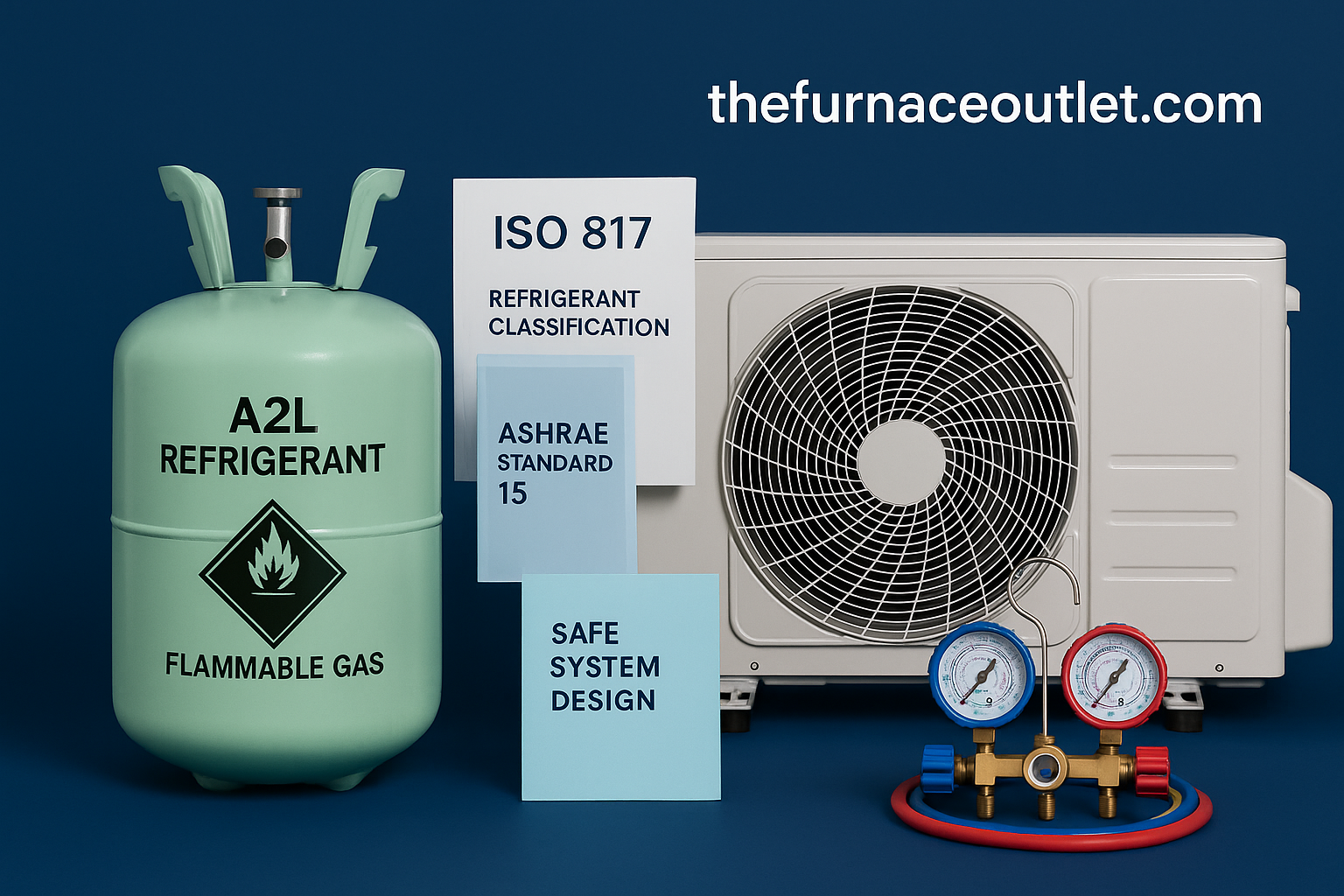 HVAC safety display showing an A2L refrigerant cylinder, HVAC unit, manifold gauges, and printed safety standards (ISO 817 and ASHRAE Standard 15), with TheFurnaceOutlet.com branding against a dark blue background