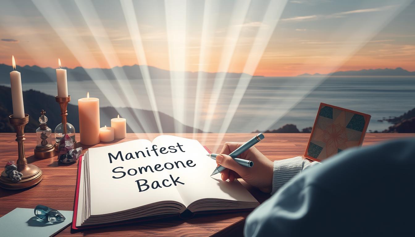 A person sitting at a desk, writing in a journal with a pen. The journal has an open page with the words "Manifest Someone Back" written in bold letters at the top. Rays of light are shining down on the person and their journal, representing divine guidance and inspiration. The person is surrounded by symbols of manifestation such as candles, crystals, and a vision board. The background is a serene landscape with mountains and a calm sea, symbolizing the calm and peace that comes with overcoming limiting beliefs.