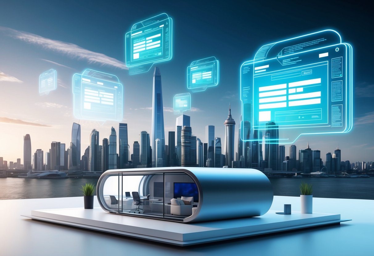 A futuristic city skyline with holographic website cost breakdowns floating in the air. A sleek, modern website design studio sits in the foreground