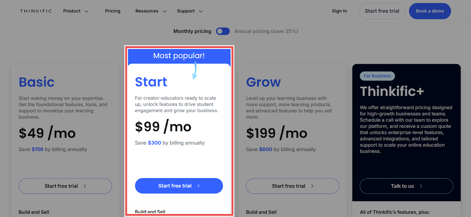 Thinkific's pricing page