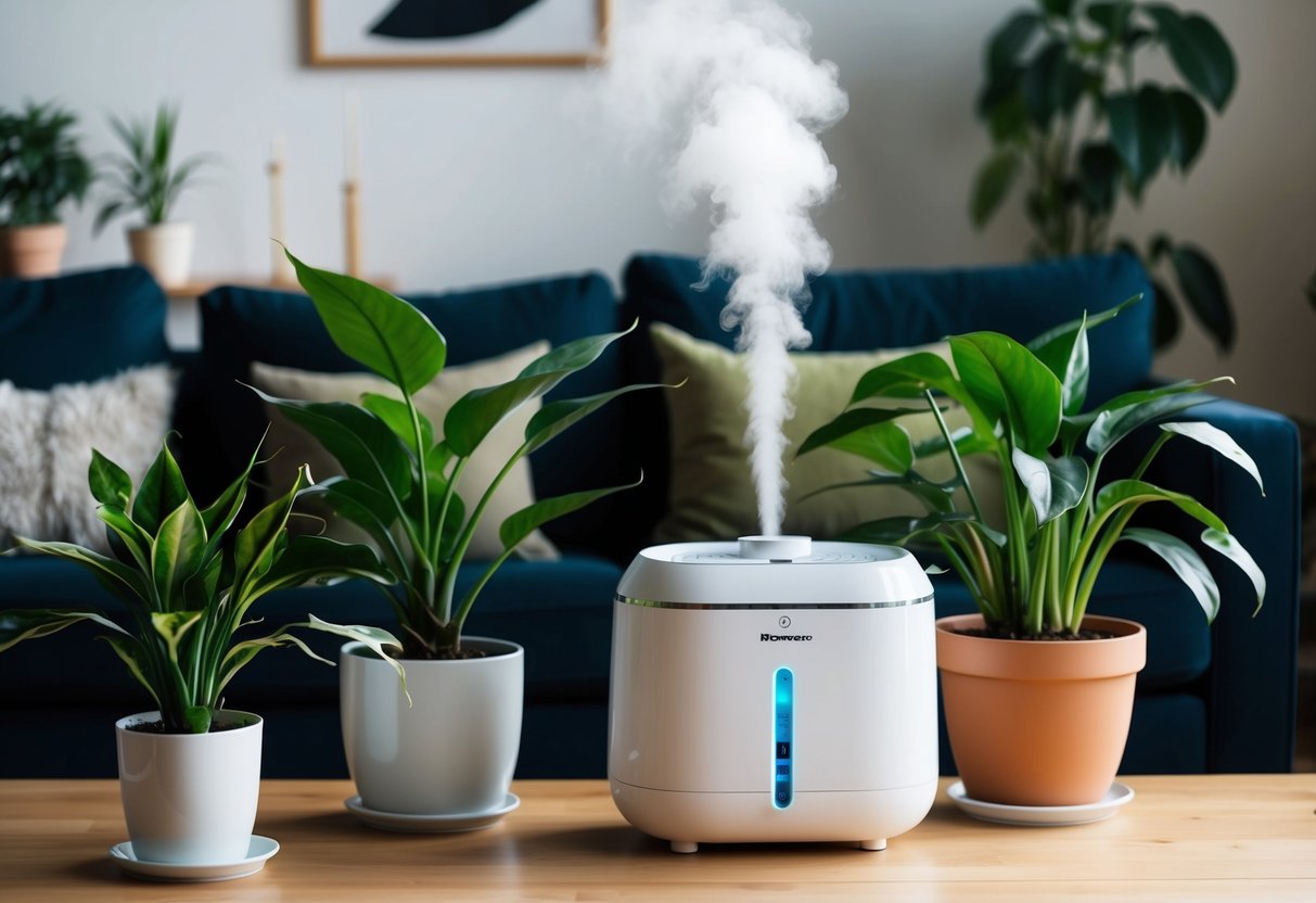 A cozy living room with several healthy houseplants thriving in the winter cold, thanks to the presence of a humidifier emitting a gentle mist