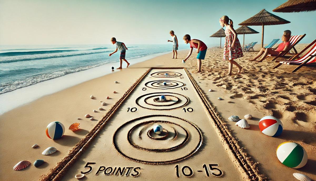 Kids playing skee ball on the beach
