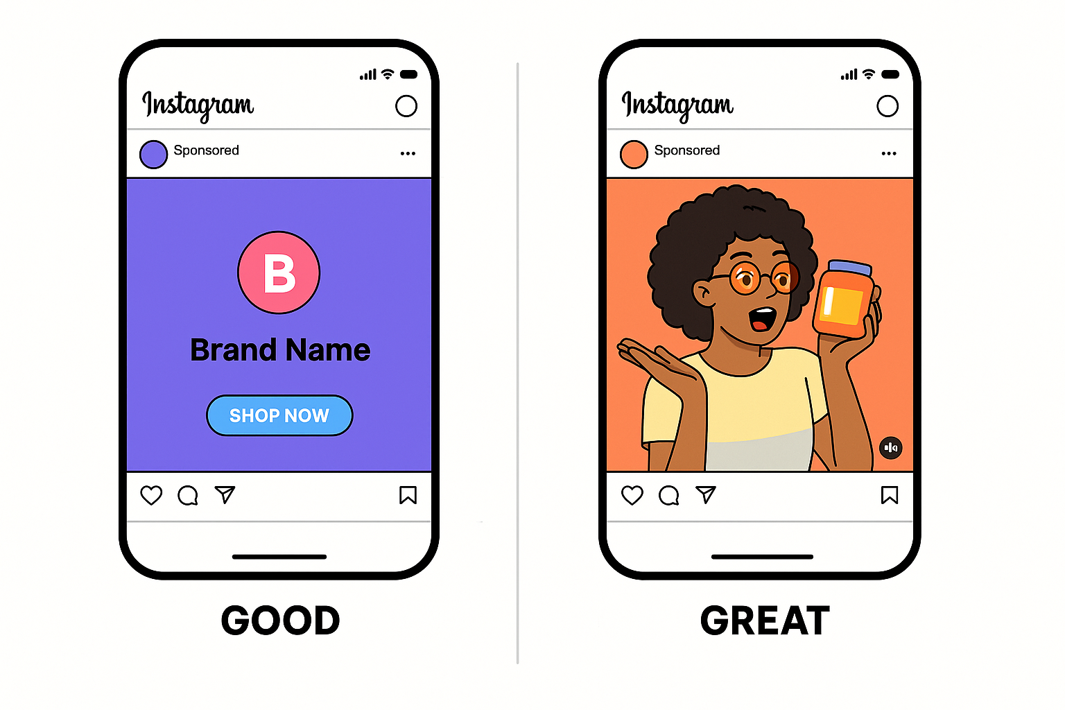 Side-by-side illustration comparing a basic Instagram ad labeled "GOOD" with a more engaging, user-focused ad labeled "GREAT"