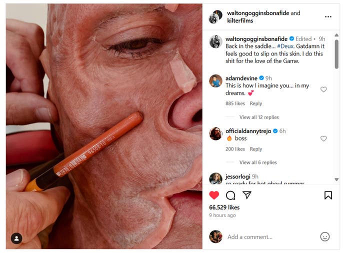 Postingan Walton Goggins di Instagram yang menunjukkan prostetik Ghoul miliknya sedang dipasang