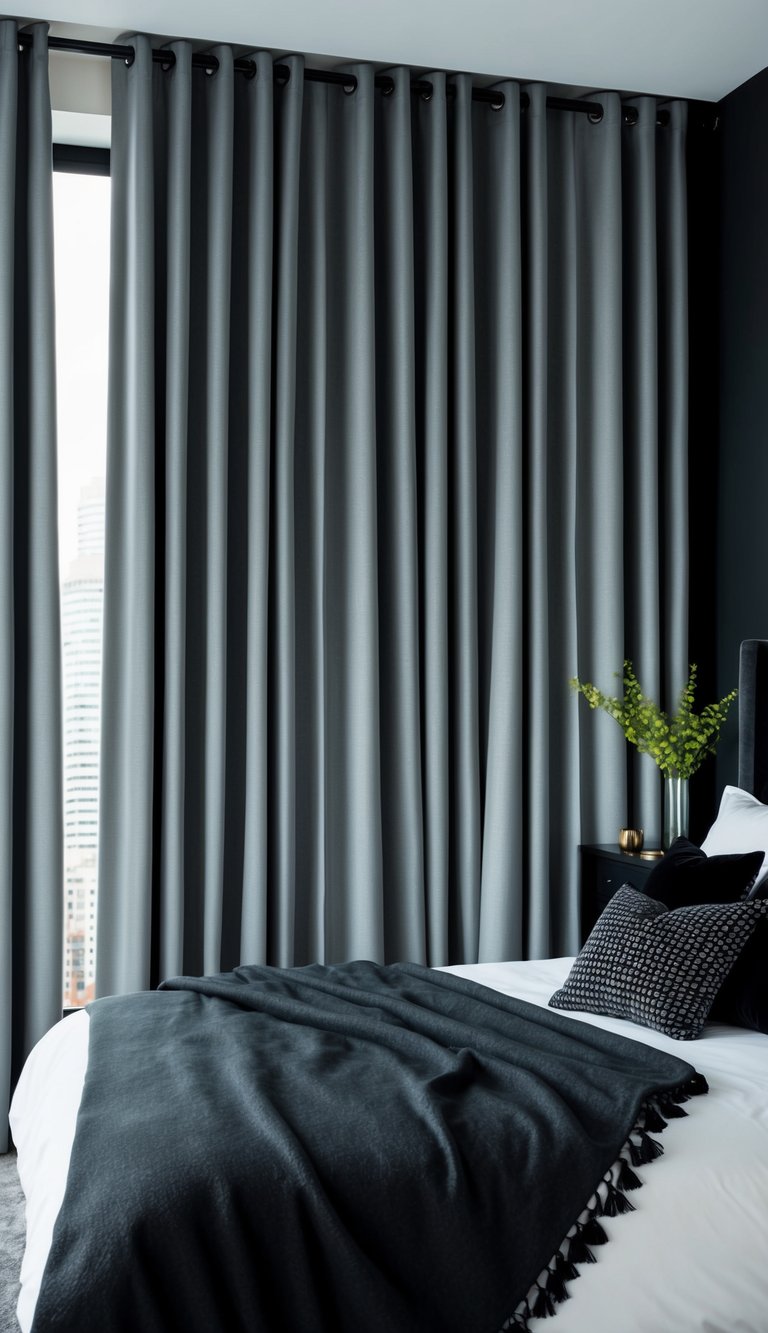 Steel gray curtains hang in a modern bedroom with black and gray decor