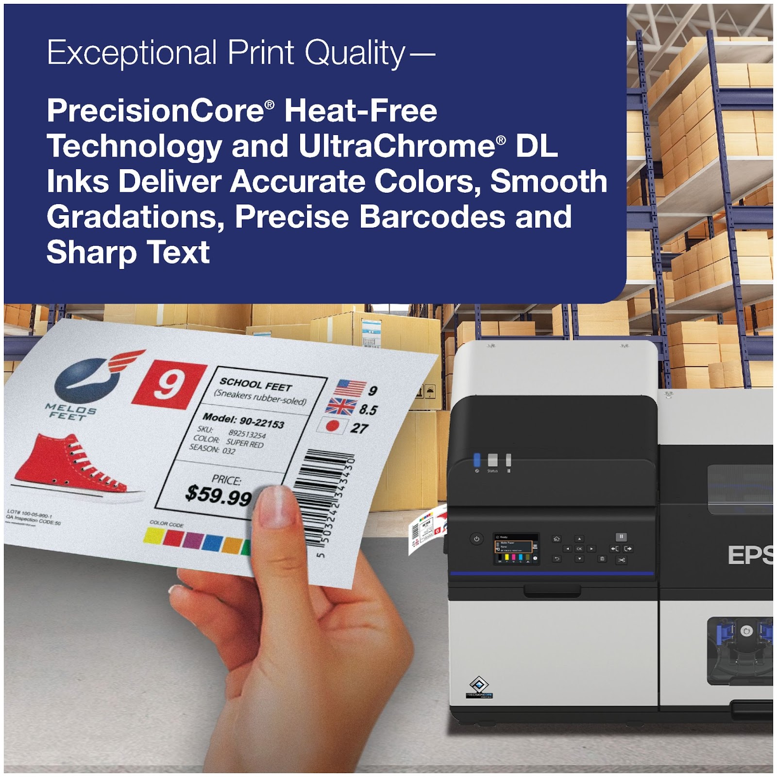 A hand holding a vibrant label, showcasing the print quality of the Epson ColorWorks CW-C8000 label printer