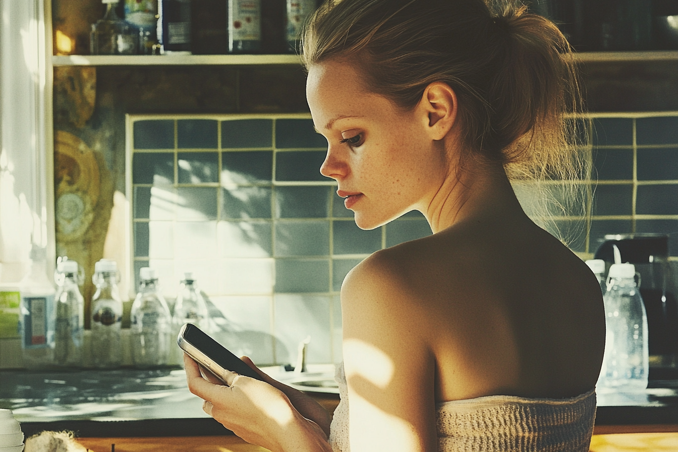 A woman glancing at her phone | Source: Midjourney