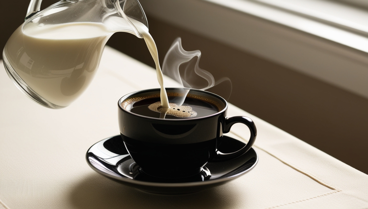 a cup of coffee with steam and milk being poured into it