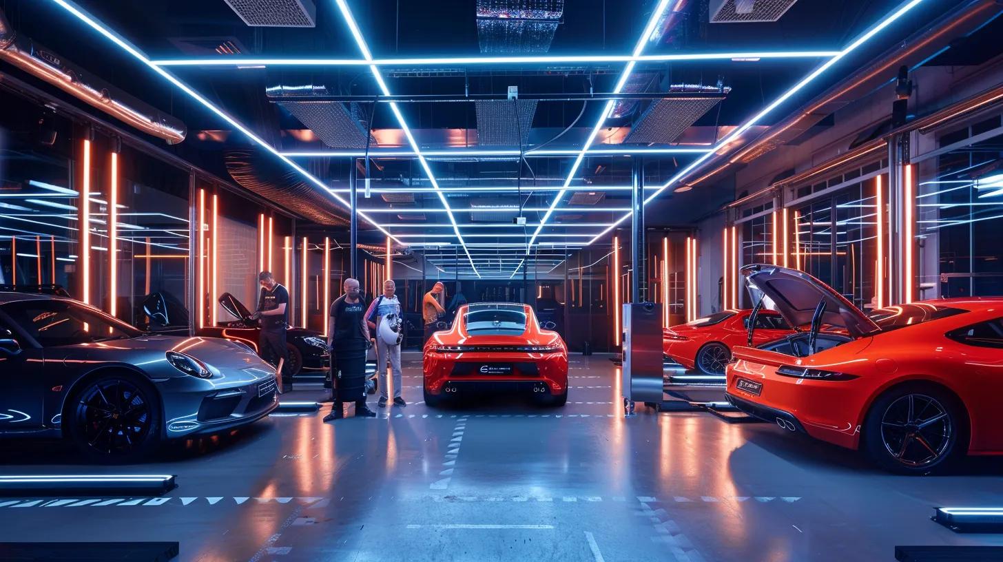a meticulously organised automotive detailing workshop showcases skilled experts applying advanced paint protection coatings to luxury vehicles, illuminated by bright overhead lights that accentuate the gleaming surfaces and precise craftsmanship.