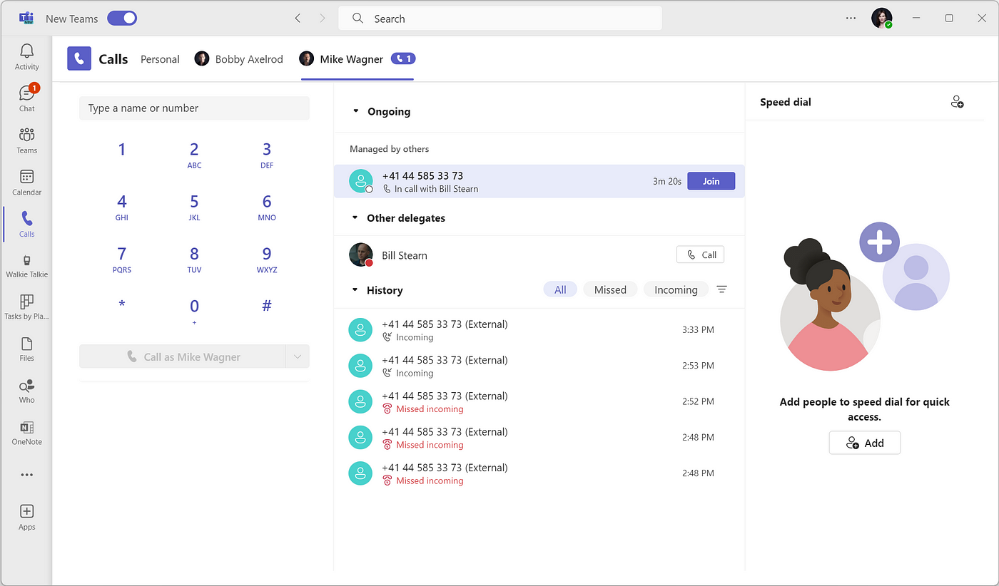 A delegate joining an ongoing call in Microsoft Teams