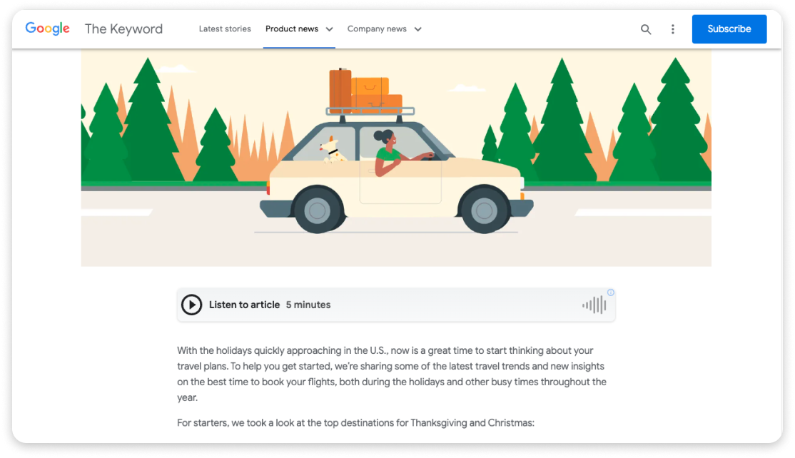 An example of multimedia accessibility, featuring Google's blog with a text-to-speech option, allowing users to listen to the article for improved accessibility and flexibility.