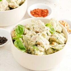 Bowl of pesto potato salad.