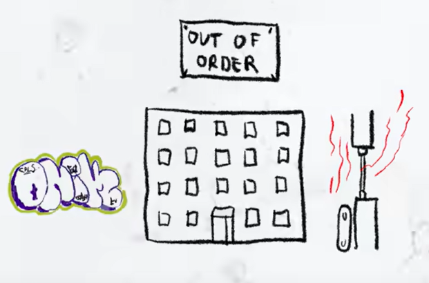 A drawing of a building and a sign. Source: YouTube.
