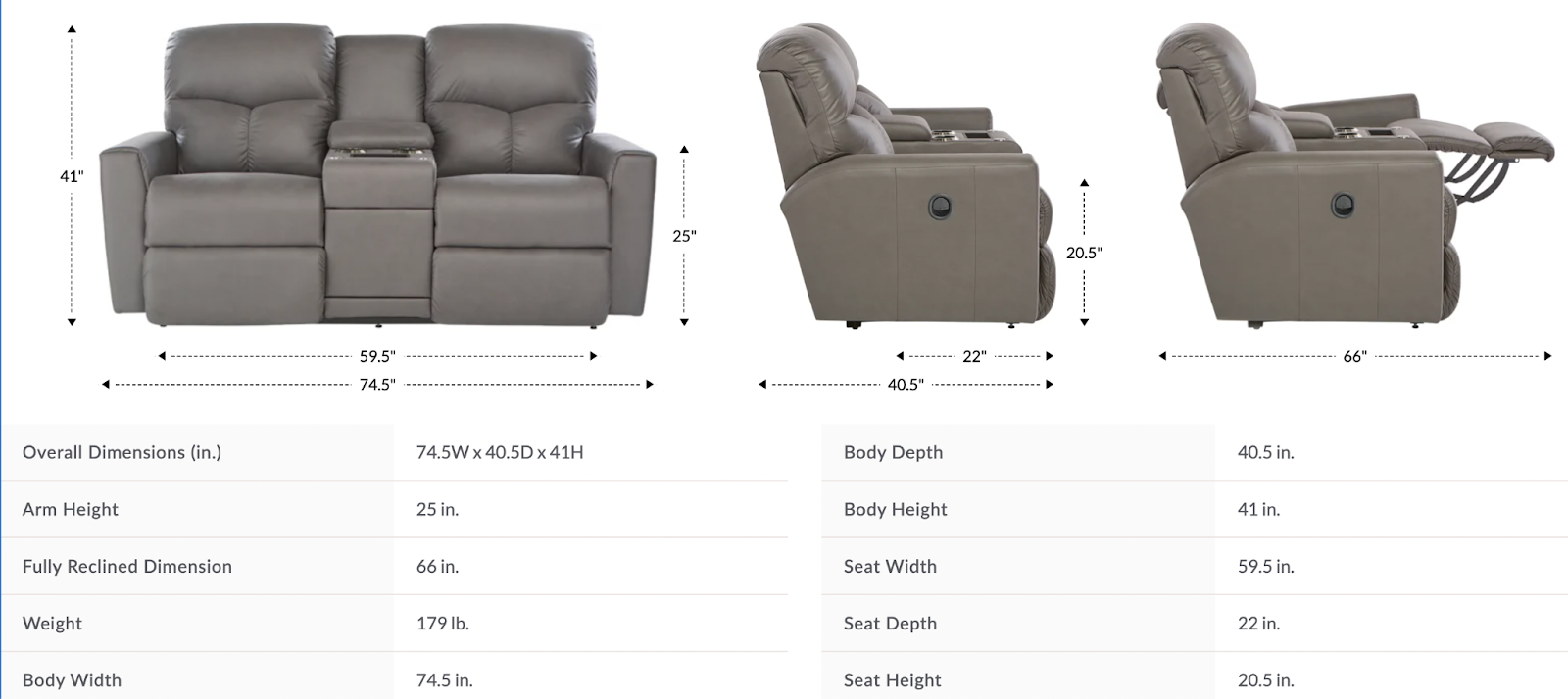 hawthorn reclining loveseat w/ storage dimensions