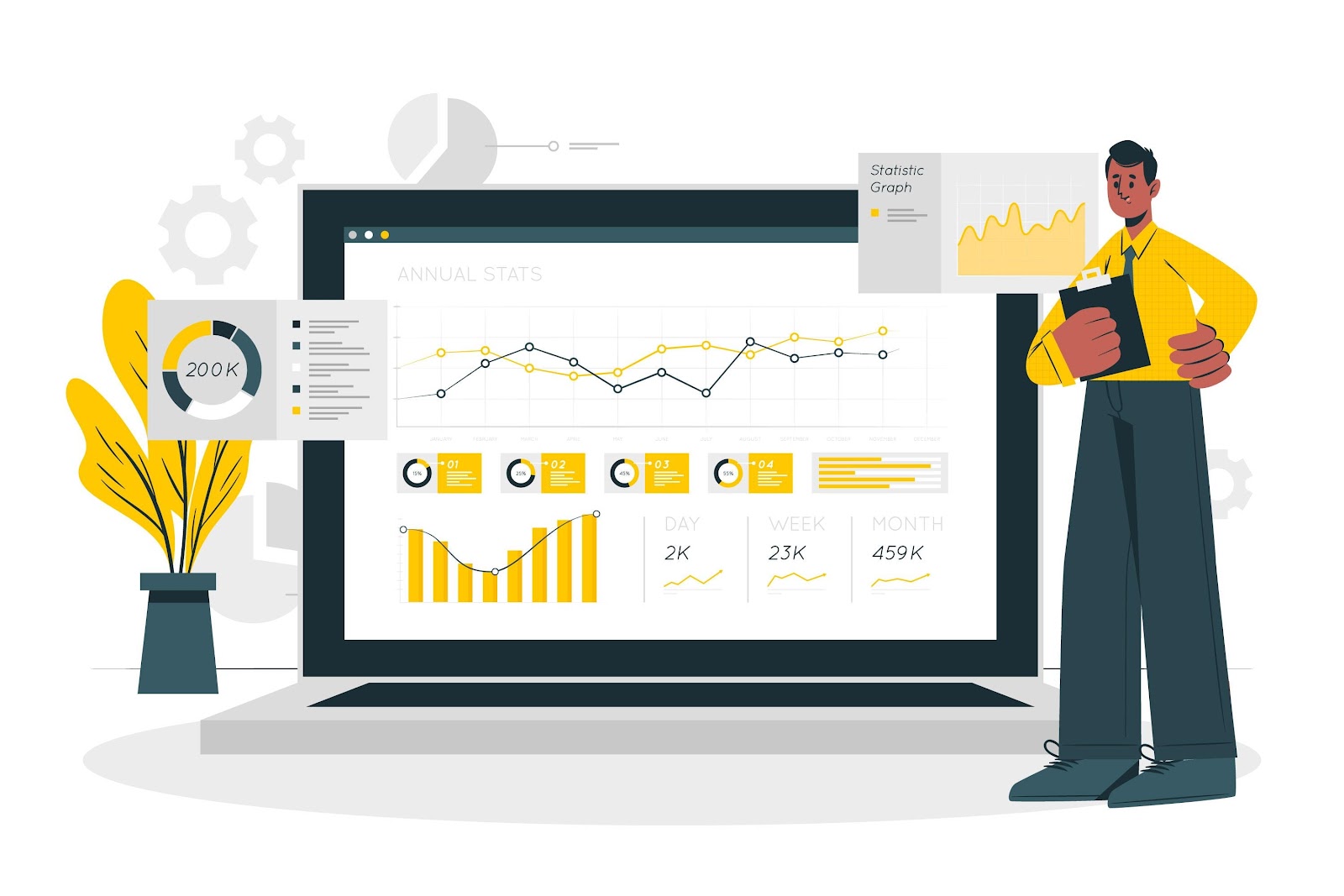 Illustrated data visualization dashboard with annual stats, bar charts, line charts, and campaign performance insights shown on a large screen.