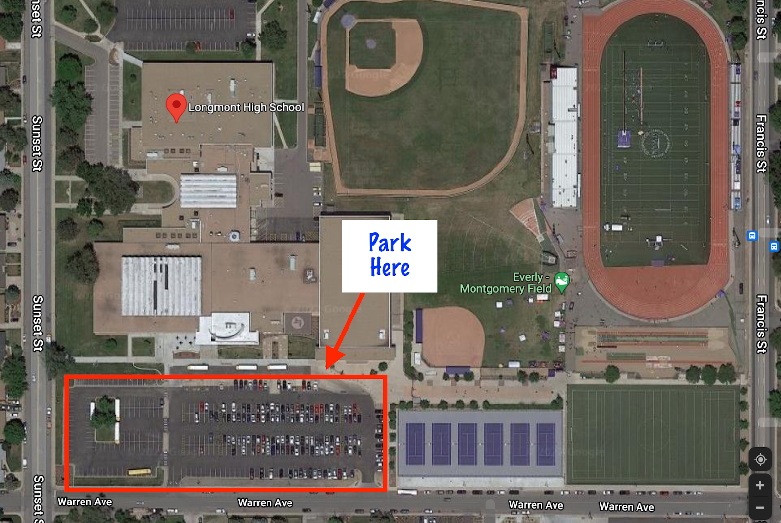 "An aerial view of Longmont High School and surrounding areas, with a highlighted parking lot area marked 'Park Here' and an arrow pointing to the designated parking zone."