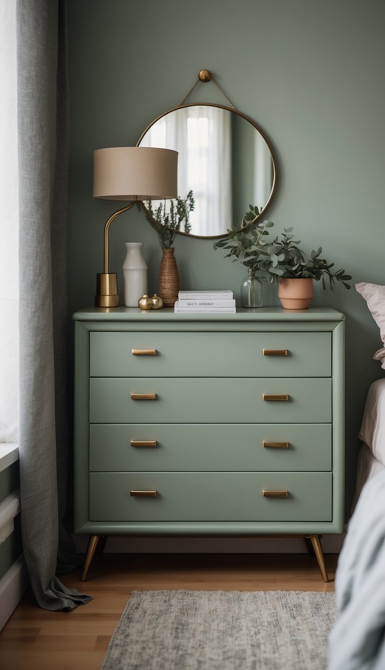 A sage green dresser stands in a serene bedroom, surrounded by soft, natural hues