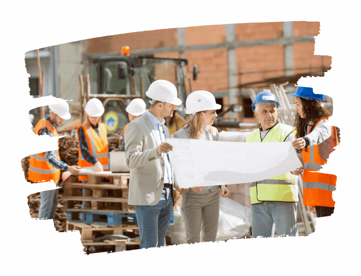 A group of 4 people on a construction site holding up a plan discussing amongst themselves. People in the background gathered around a plan resting on a stack of wooden crates. A pop up graphics that says keywords!