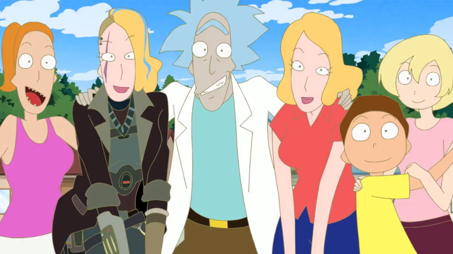 Personajes de Rick and Morty en estilo anime, incluyendo versiones alternativas de Rick, Summer, Morty y otras variantes, en una escena cómica con un fondo azul de cielo despejado.