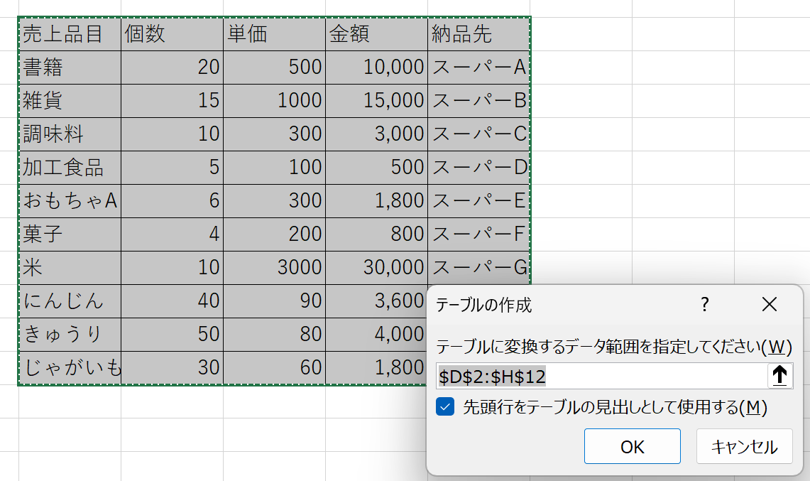 テーブルの作成方法２
