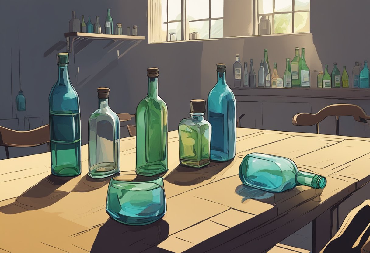 Empty bottles scattered on a table, a person slumped in a chair, and a shadowy figure pouring another drink