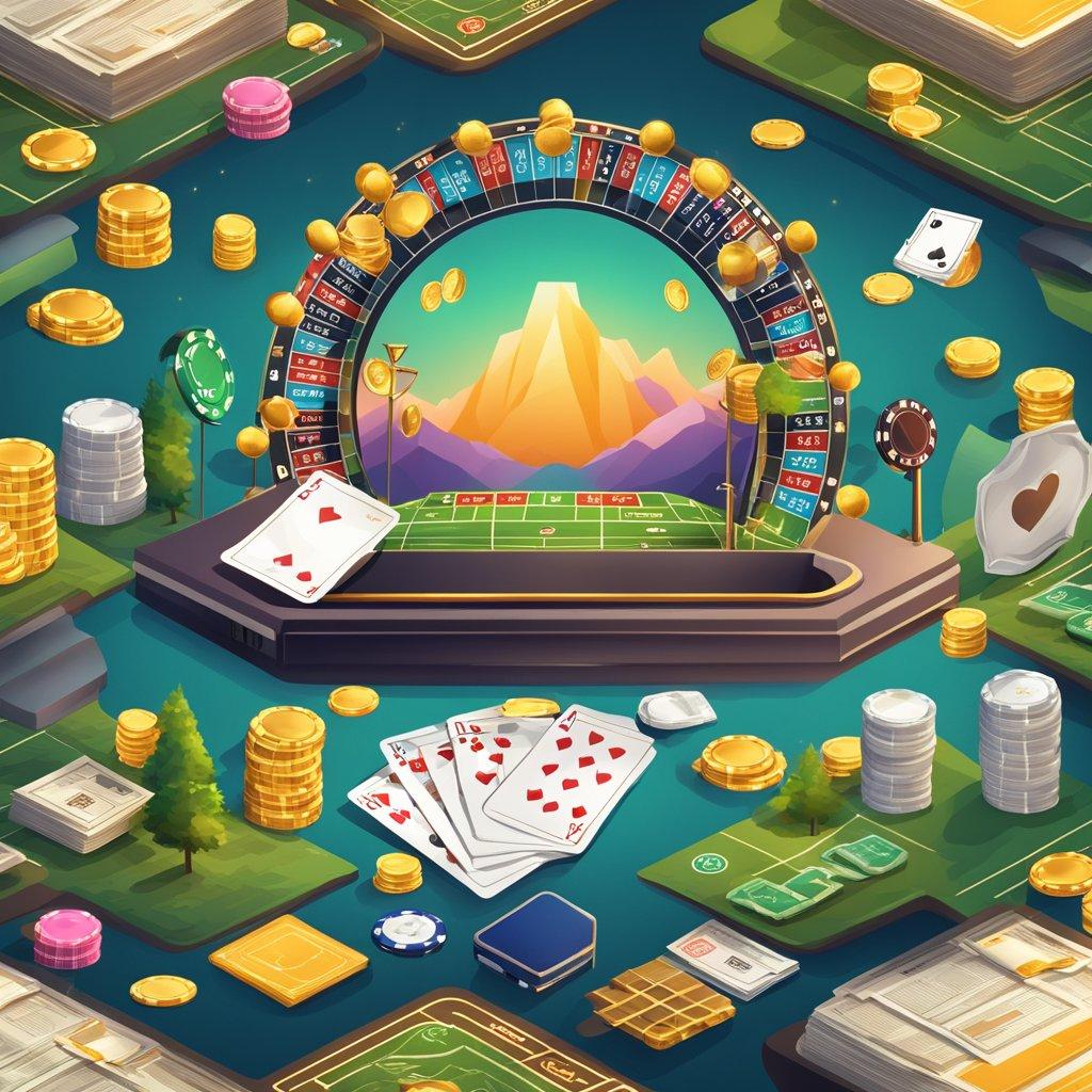 An illustration of a digital landscape with various casino symbols and logos, surrounded by legal documents and regulations