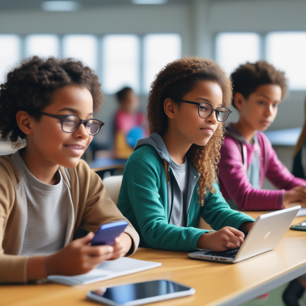 A photo of children using tech devices in a modern classroom.