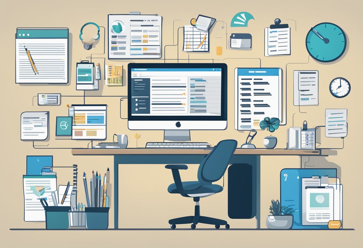 A desk with a computer displaying various HR automation software options, surrounded by office supplies and a checklist of features