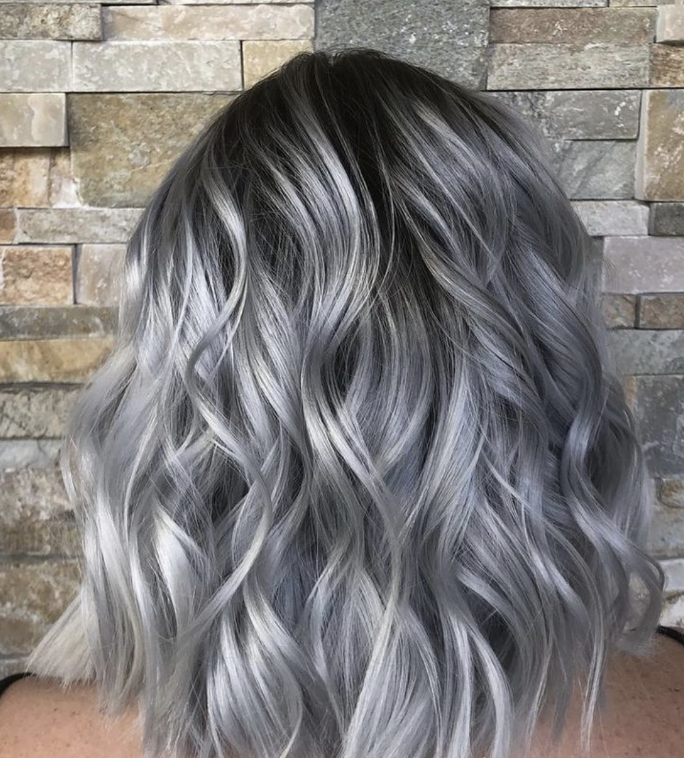 Woman with Pearl Greay balayage hair