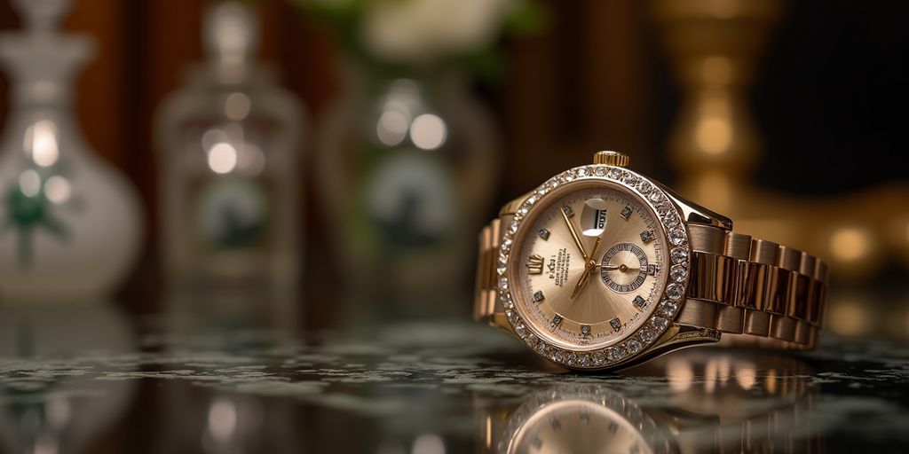 Close-up of a luxurious Rolex watch.