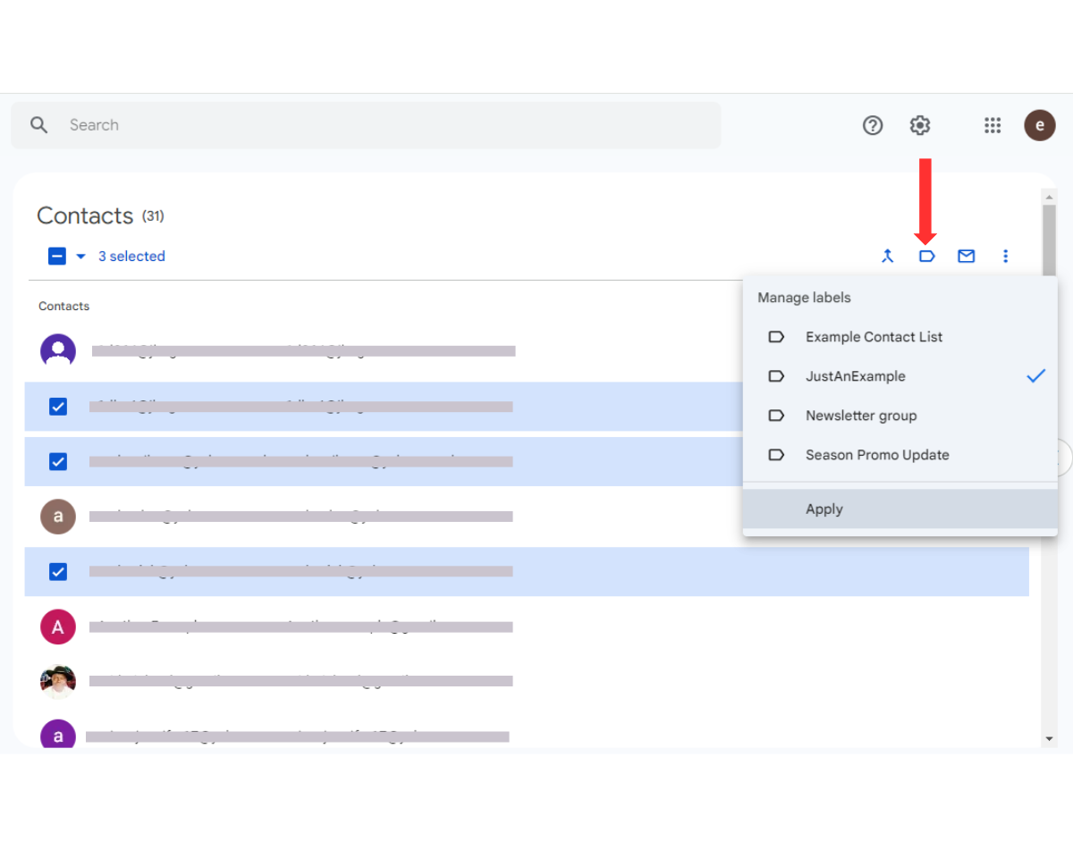 How to create email groups in Gmail: After selecting the contacts to add to your email group, click the label icon and select the email group