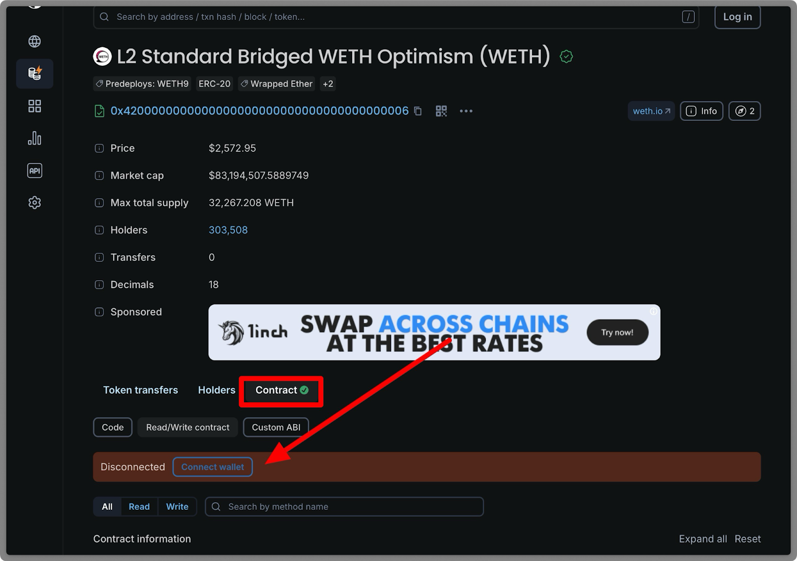 WETH token contract page on Blockscout showing $2,572.95 price, $83.19B market cap, 303,508 holders, with Connect wallet button highlighted and contract interaction interface for L2 Standard Bridged WETH on Optimism