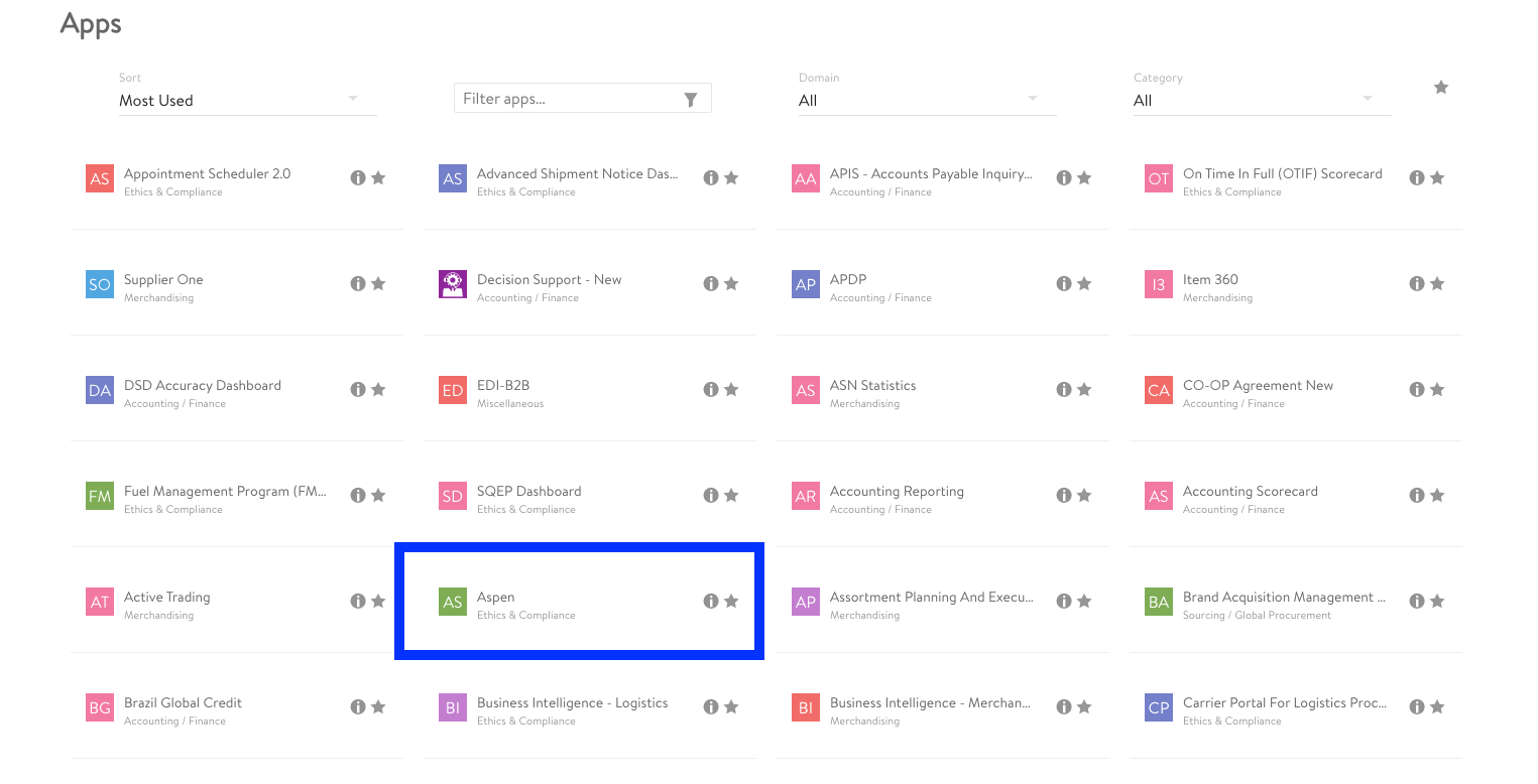 Highlighted in blue, the Aspen app appears in the Ethics & Compliance section of the Walmart Retail Link App dashboard, among other apps such as Appointment Scheduler 2.0 and OTIF Scorecard. Aspen is categorized under Ethics & Compliance and is displayed alongside other tools relevant to suppliers and compliance tracking.