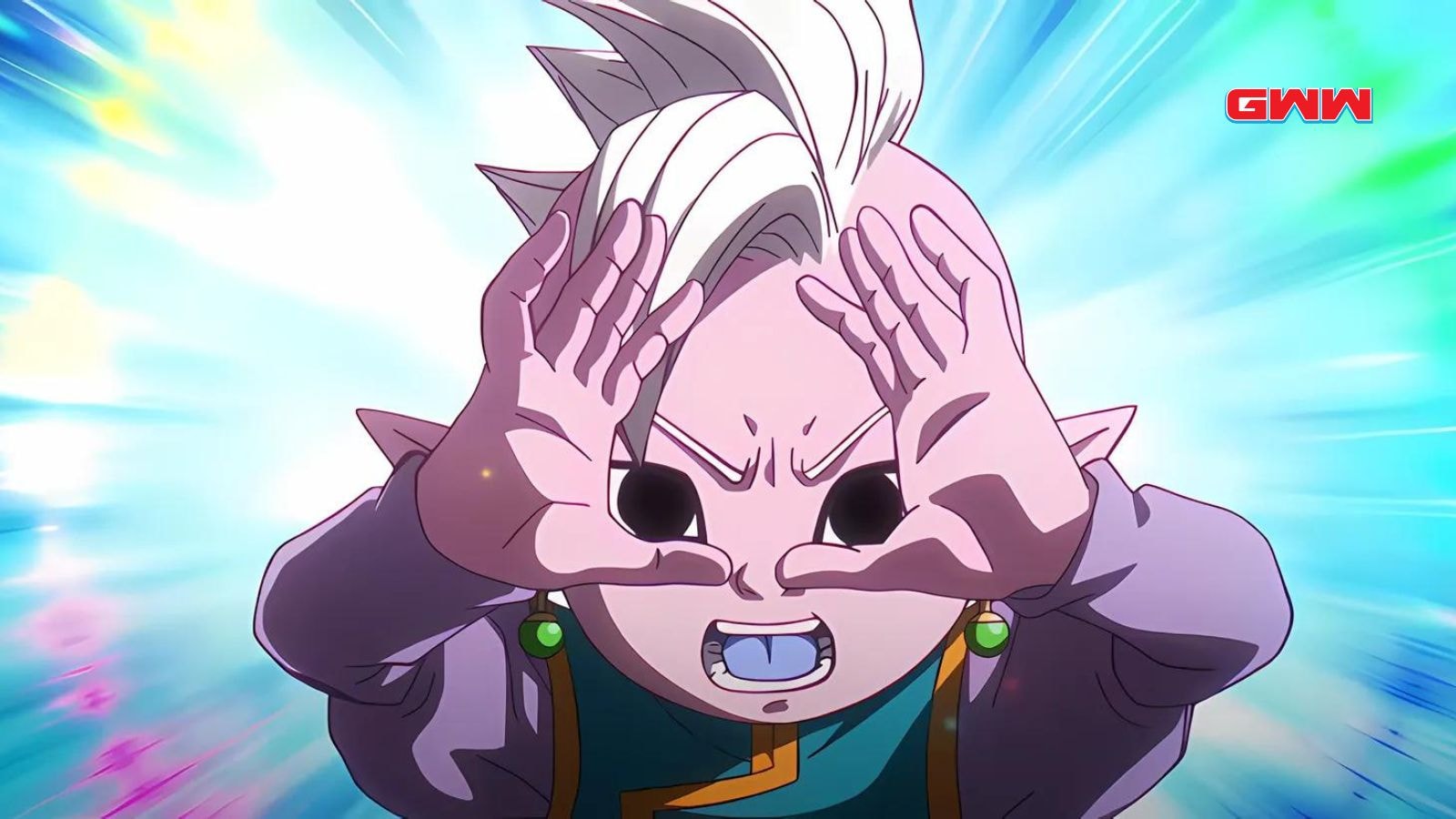 Supreme Kai from Dragon Ball Daima releasing energy with determined expression