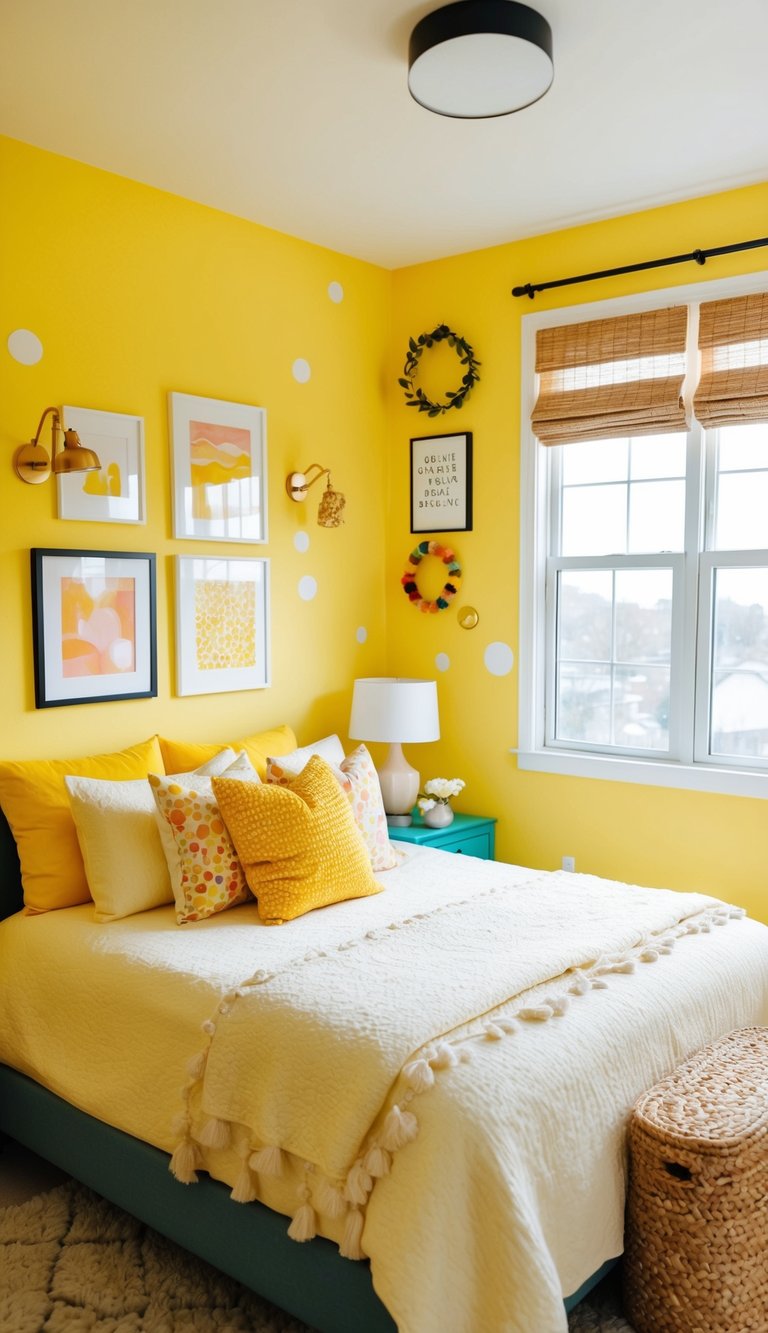 A bright yellow bedroom with cheerful wall art and cozy decor