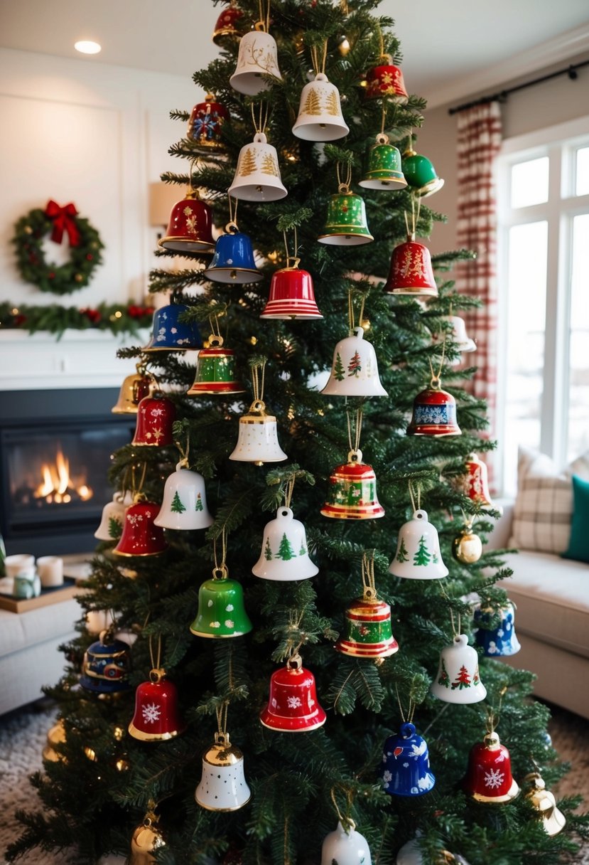 A cozy living room with a tall Christmas tree adorned with 24 hand-painted ceramic bells in various festive designs