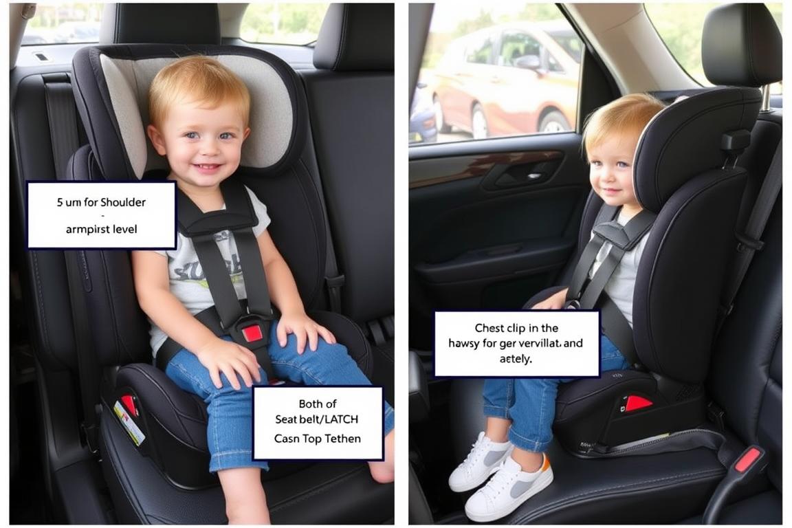 Toddler in forward-facing car seat with proper harness positioning