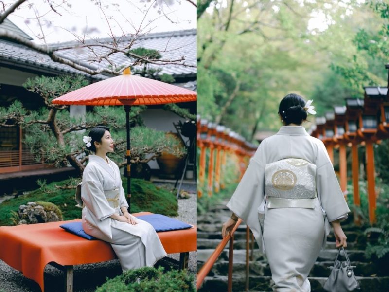 Santuario secreto de jardín japonés en Kioto que ofrece un entorno tradicional y sombreado, perfecto para sesiones de fotografía con kimono en verano.