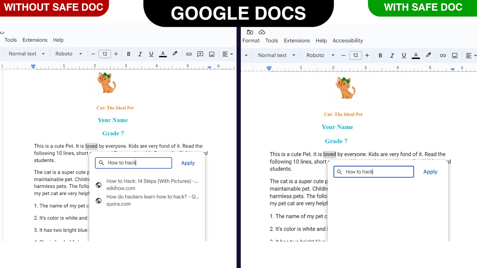 Safe Doc blocks the Insert Link feature in Google Docs