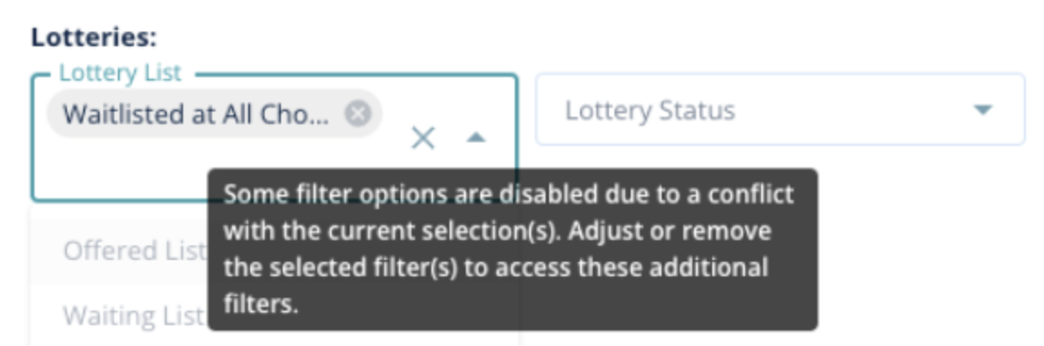 the user message given in schoolmint enroll when there are conflicting filter options