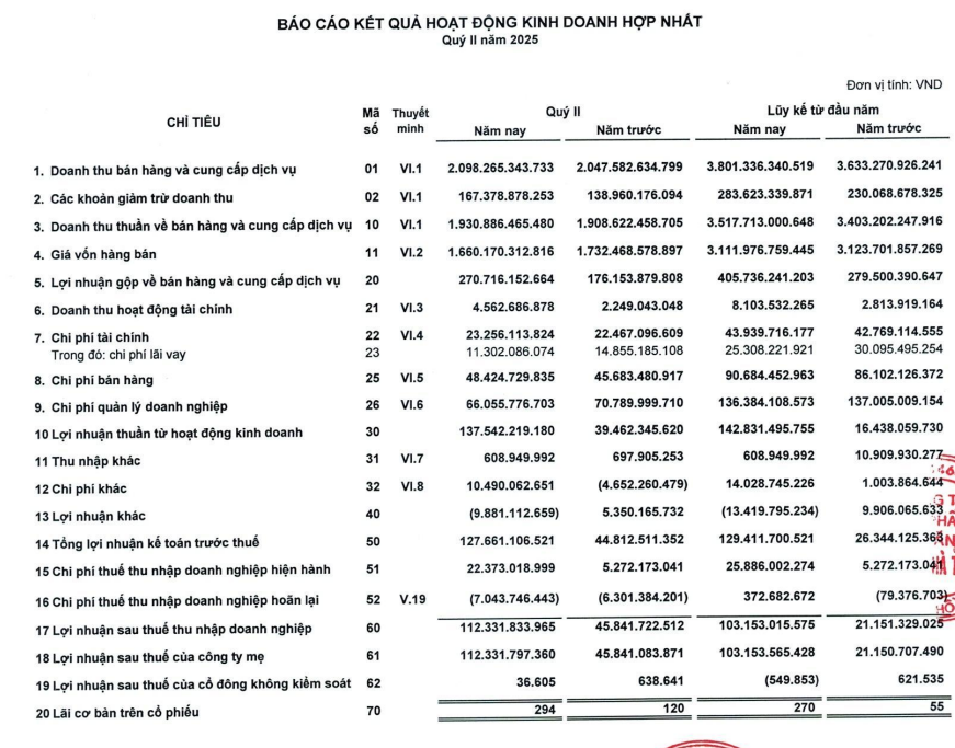 Tổng quan tình hình kinh doanh quý 2 của Vicem Hà Tiên (HT1) (Nguồn: BCTC hợp nhất quý 2/2025 HT1)