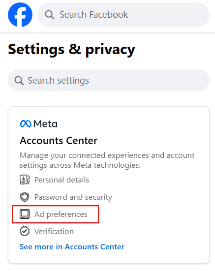 Captura de pantalla que muestra la configuración de privacidad y las preferencias de anuncios de Facebook.