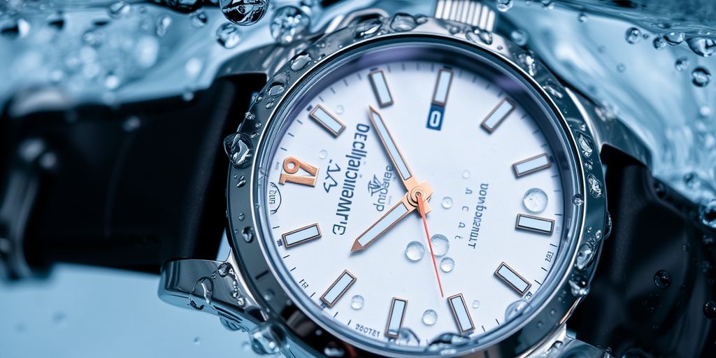 Wristwatch submerged in water with droplets