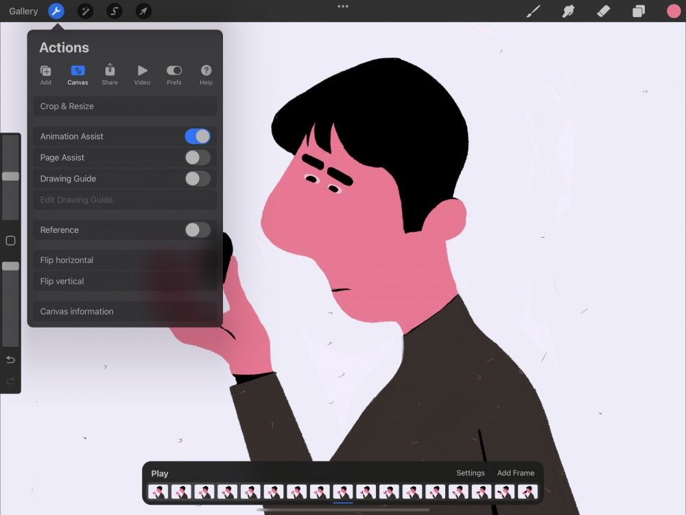 Procreate interface animation process of a men illustration