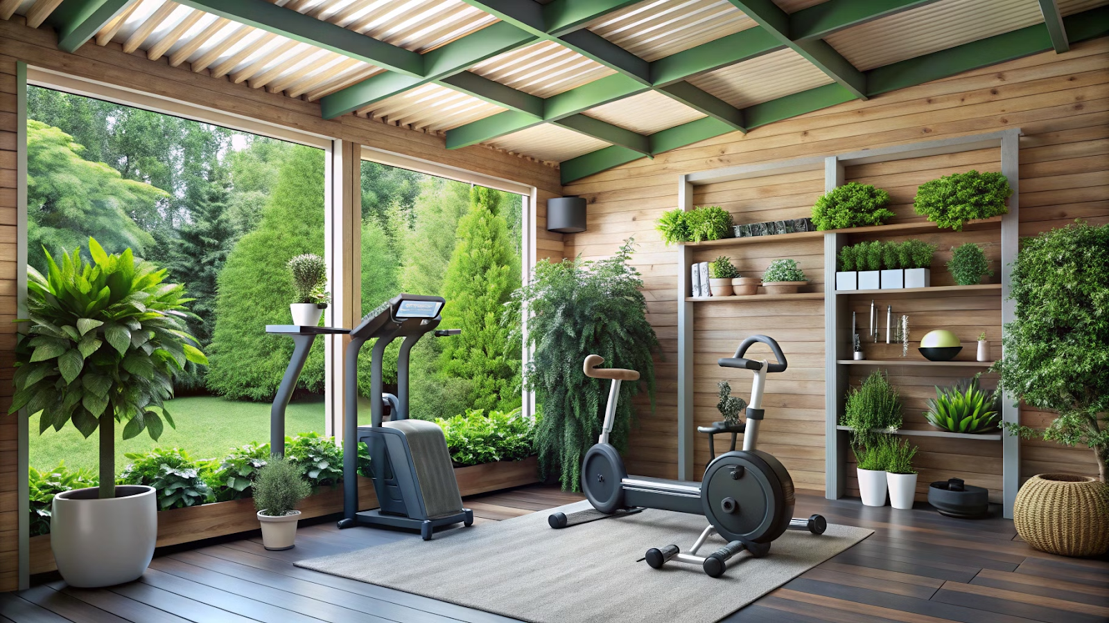 Interior de um abrigo de jardim com bicicleta ergométrica, halteres e piso de borracha, decorado com plantas.