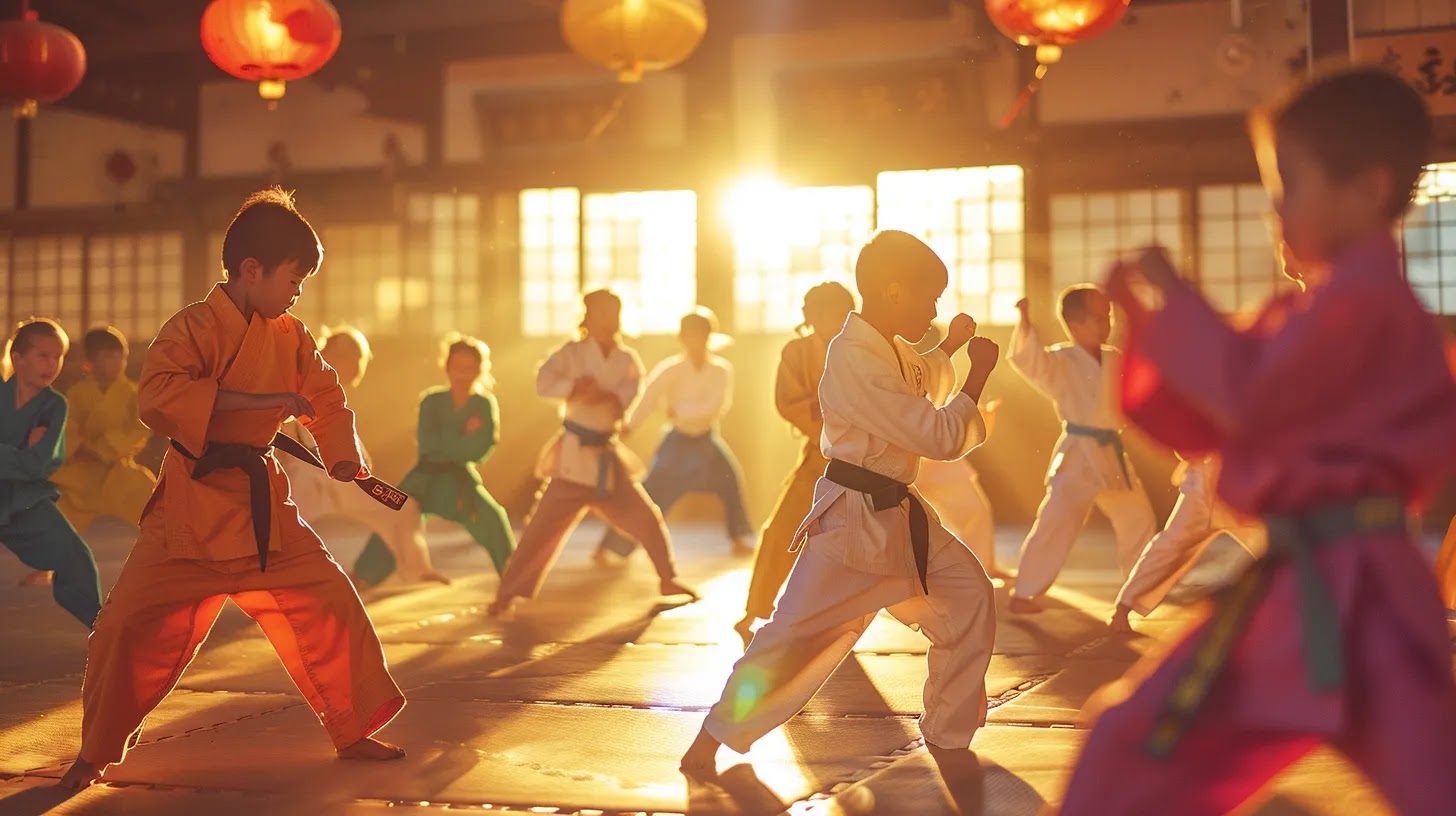 a vibrant karate dojo filled with enthusiastic children in colorful uniforms practicing dynamic techniques, their focused expressions radiating confidence and discipline under warm, soft lighting.