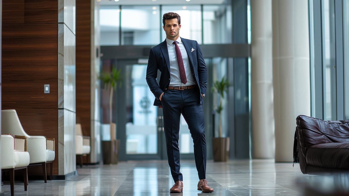 Elegant man wearing a solid burgundy silk tie with a navy suit and white dress shirt, standing confidently in an office lobby, polished brown leather shoes, minimal accessories, fashion editorial style