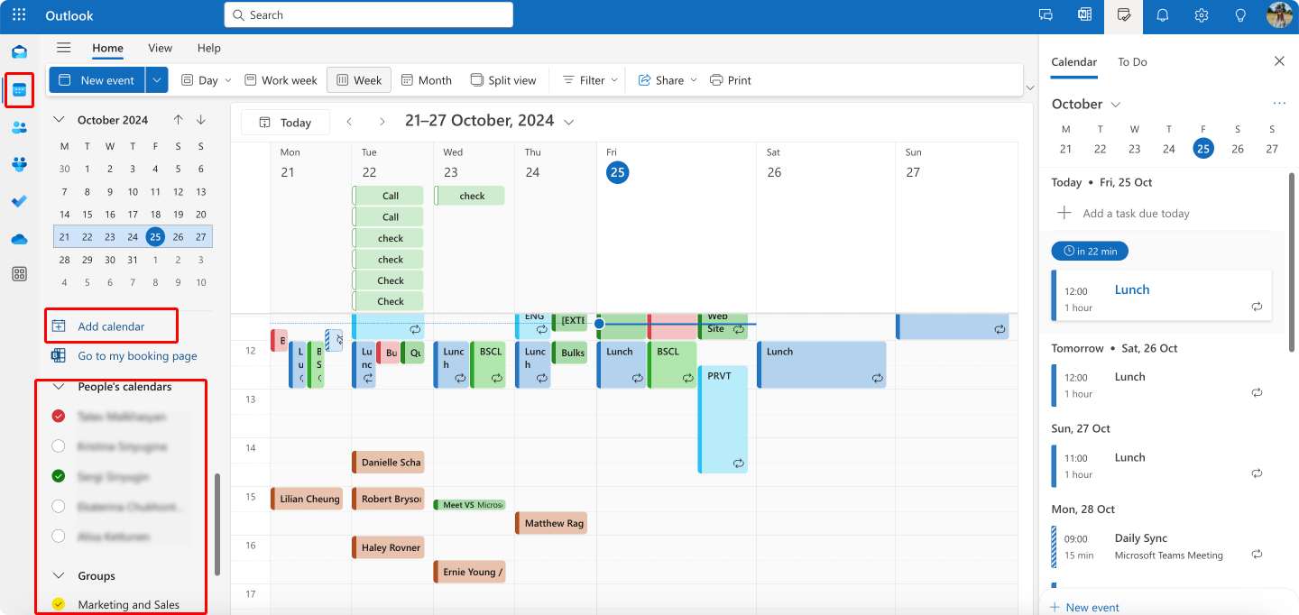 Pic. 7. Navigating to calendar view, adding new calendar, and checking existing calendars in OWA.